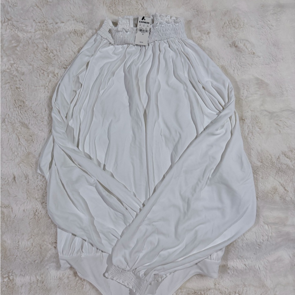 Express Chic White Smocked Bodysuit